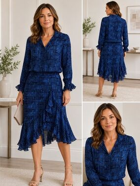 THE LOOK Randolph Duke Skirt Bouse Set 100% Silk Black Blue Sz 10 Ruffled Hem